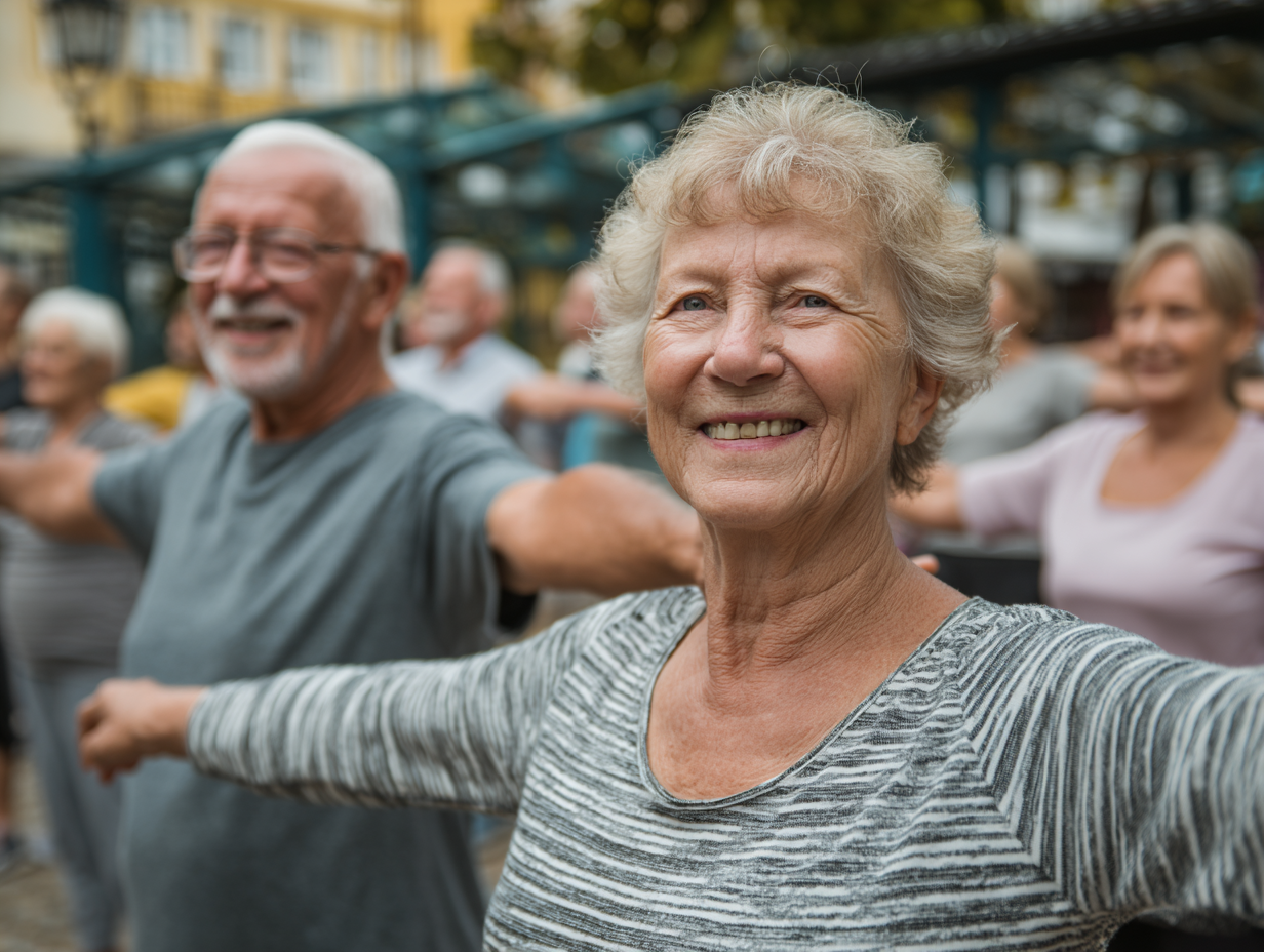 Активна група людей середнього віку займається фітнесом на свіжому повітрі
